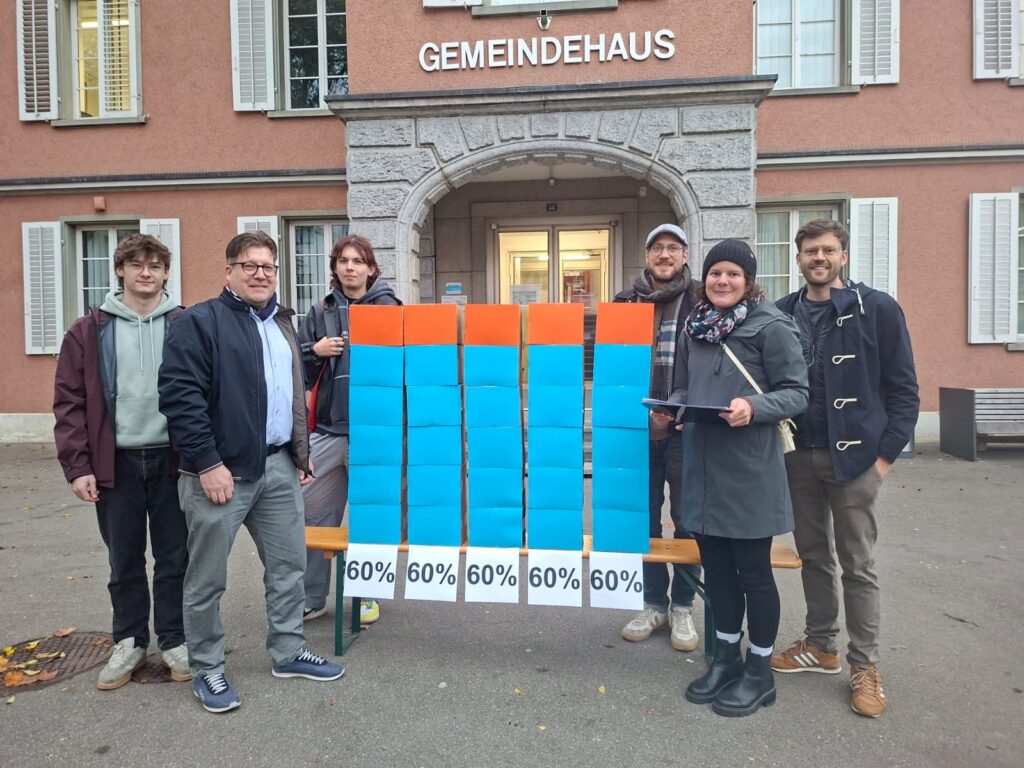 Sechs Personen stehen vor einem Gebäude mit der Aufschrift 'GEMEINDEHAUS' hinter einer Bank mit fünf vertikalen Balkendiagrammen, die jeweils mit '60%' beschriftet sind